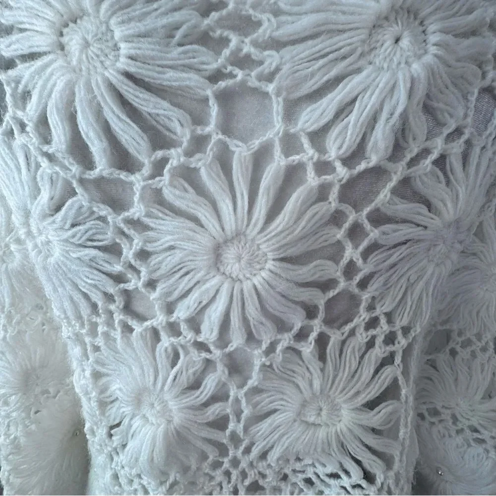Handmade Crochet Cream Shawl Large Floral Pattern Pearl Detail Handmade